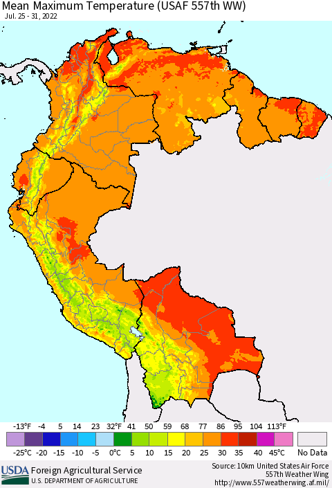 Northern South America Mean Maximum Temperature (USAF 557th WW) Thematic Map For 7/25/2022 - 7/31/2022