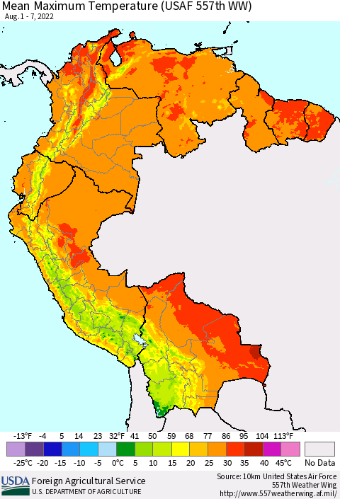 Northern South America Mean Maximum Temperature (USAF 557th WW) Thematic Map For 8/1/2022 - 8/7/2022