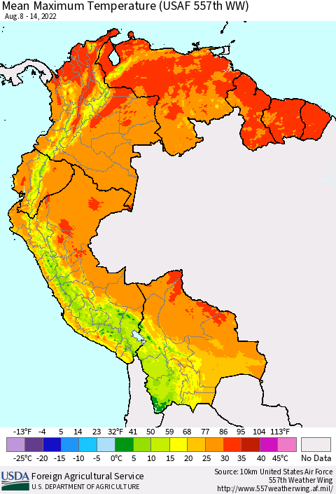 Northern South America Mean Maximum Temperature (USAF 557th WW) Thematic Map For 8/8/2022 - 8/14/2022