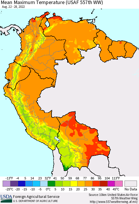 Northern South America Mean Maximum Temperature (USAF 557th WW) Thematic Map For 8/22/2022 - 8/28/2022