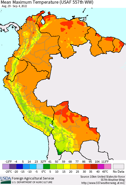 Northern South America Mean Maximum Temperature (USAF 557th WW) Thematic Map For 8/29/2022 - 9/4/2022