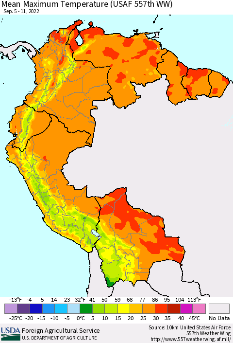 Northern South America Mean Maximum Temperature (USAF 557th WW) Thematic Map For 9/5/2022 - 9/11/2022
