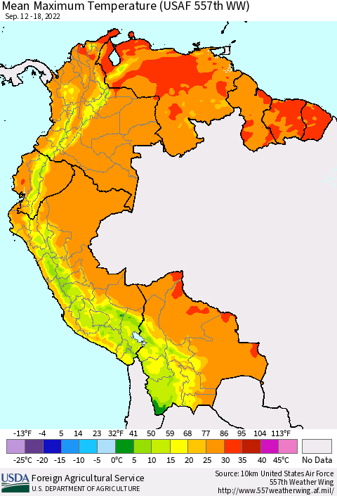Northern South America Mean Maximum Temperature (USAF 557th WW) Thematic Map For 9/12/2022 - 9/18/2022