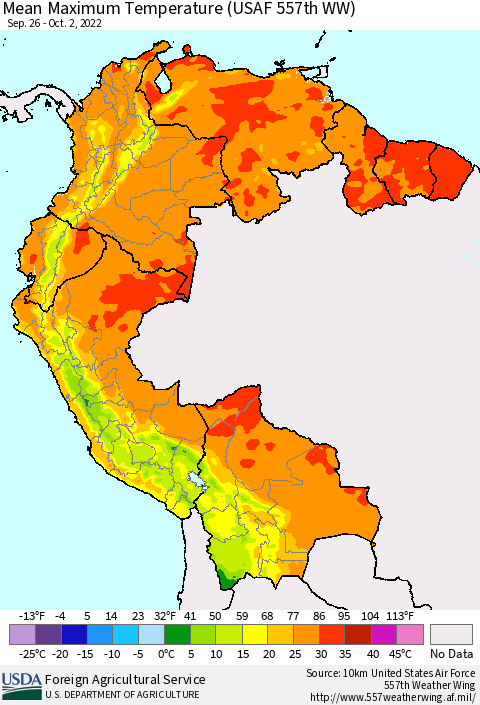 Northern South America Mean Maximum Temperature (USAF 557th WW) Thematic Map For 9/26/2022 - 10/2/2022