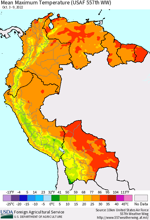 Northern South America Mean Maximum Temperature (USAF 557th WW) Thematic Map For 10/3/2022 - 10/9/2022