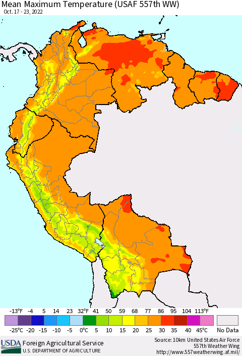 Northern South America Mean Maximum Temperature (USAF 557th WW) Thematic Map For 10/17/2022 - 10/23/2022