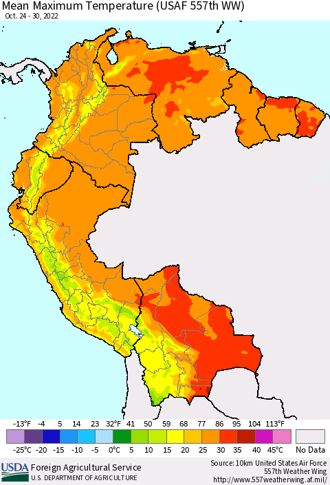 Northern South America Mean Maximum Temperature (USAF 557th WW) Thematic Map For 10/24/2022 - 10/30/2022