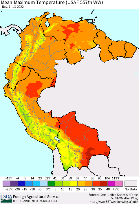Northern South America Mean Maximum Temperature (USAF 557th WW) Thematic Map For 11/7/2022 - 11/13/2022