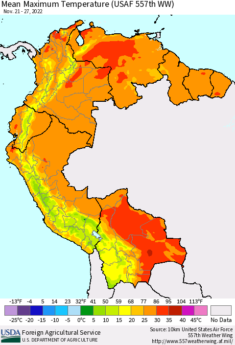 Northern South America Mean Maximum Temperature (USAF 557th WW) Thematic Map For 11/21/2022 - 11/27/2022
