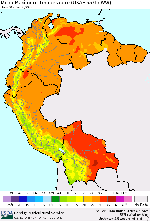 Northern South America Mean Maximum Temperature (USAF 557th WW) Thematic Map For 11/28/2022 - 12/4/2022