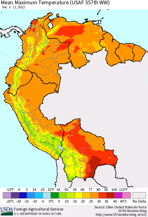 Northern South America Mean Maximum Temperature (USAF 557th WW) Thematic Map For 12/5/2022 - 12/11/2022