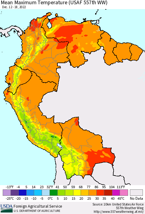 Northern South America Mean Maximum Temperature (USAF 557th WW) Thematic Map For 12/12/2022 - 12/18/2022