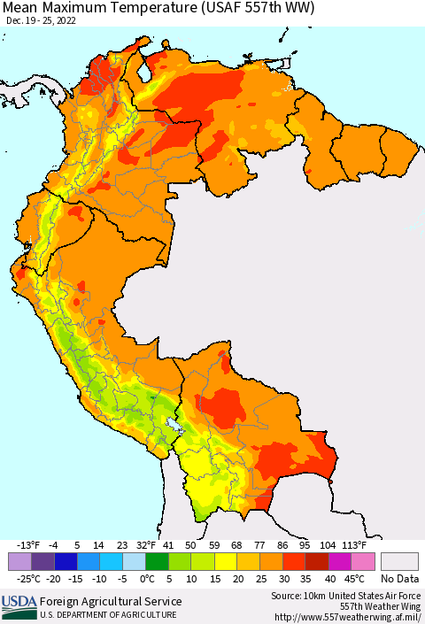 Northern South America Mean Maximum Temperature (USAF 557th WW) Thematic Map For 12/19/2022 - 12/25/2022