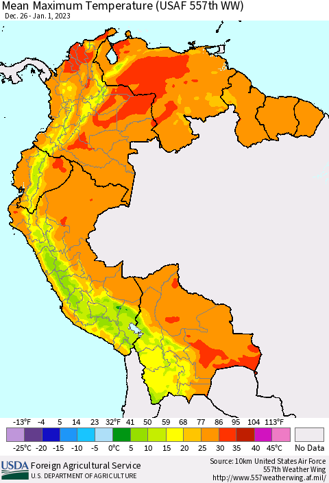 Northern South America Mean Maximum Temperature (USAF 557th WW) Thematic Map For 12/26/2022 - 1/1/2023