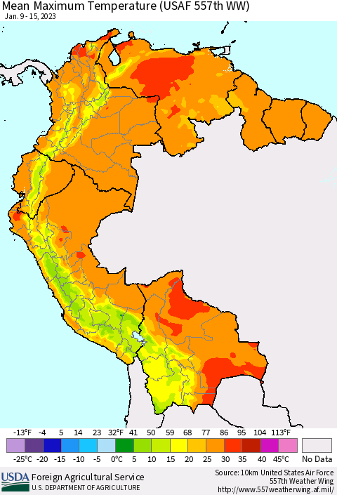 Northern South America Mean Maximum Temperature (USAF 557th WW) Thematic Map For 1/9/2023 - 1/15/2023