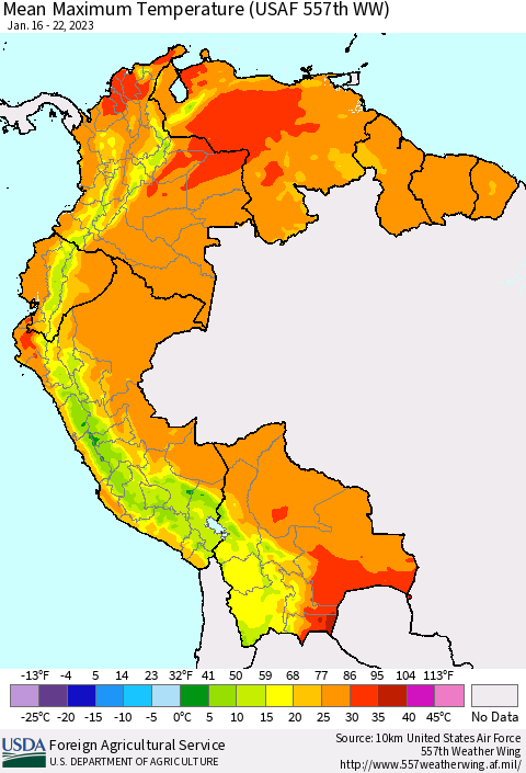 Northern South America Mean Maximum Temperature (USAF 557th WW) Thematic Map For 1/16/2023 - 1/22/2023