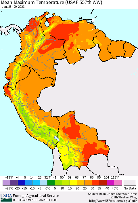 Northern South America Mean Maximum Temperature (USAF 557th WW) Thematic Map For 1/23/2023 - 1/29/2023