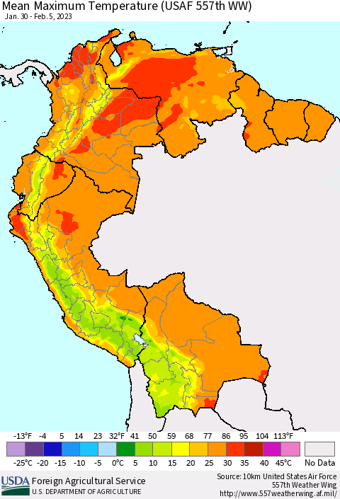 Northern South America Mean Maximum Temperature (USAF 557th WW) Thematic Map For 1/30/2023 - 2/5/2023
