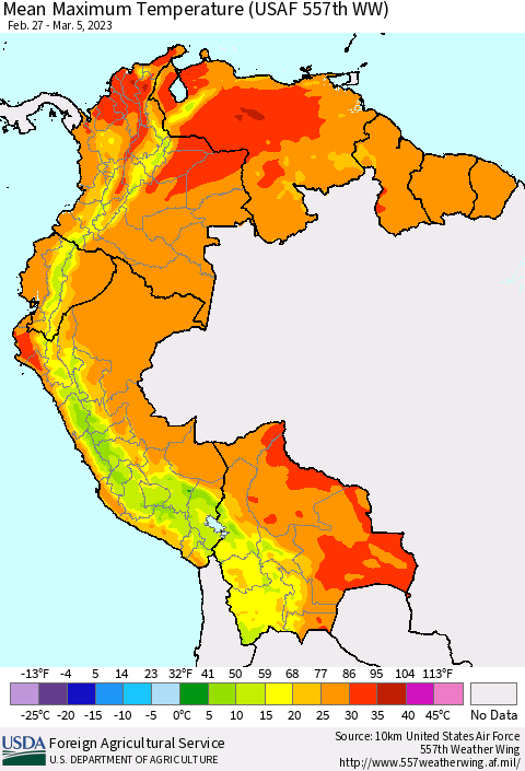 Northern South America Mean Maximum Temperature (USAF 557th WW) Thematic Map For 2/27/2023 - 3/5/2023