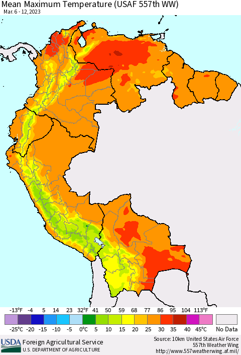 Northern South America Mean Maximum Temperature (USAF 557th WW) Thematic Map For 3/6/2023 - 3/12/2023