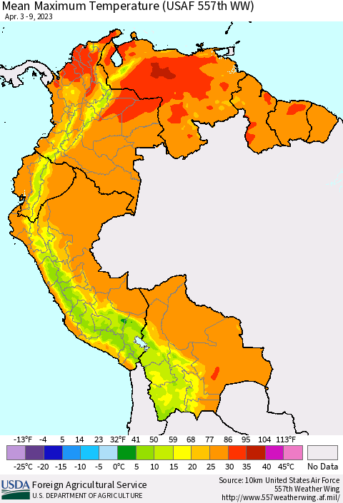 Northern South America Mean Maximum Temperature (USAF 557th WW) Thematic Map For 4/3/2023 - 4/9/2023