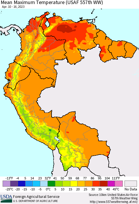 Northern South America Mean Maximum Temperature (USAF 557th WW) Thematic Map For 4/10/2023 - 4/16/2023