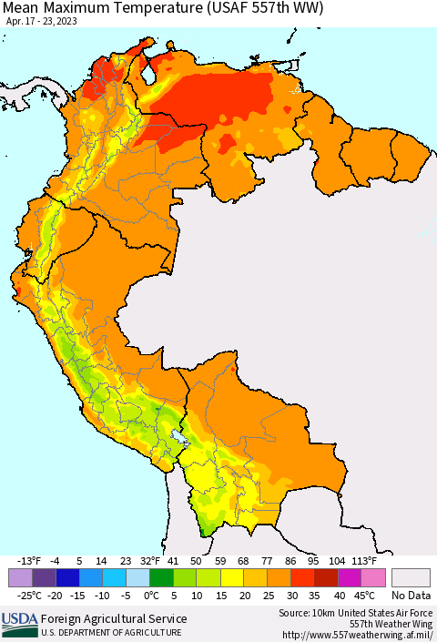 Northern South America Mean Maximum Temperature (USAF 557th WW) Thematic Map For 4/17/2023 - 4/23/2023