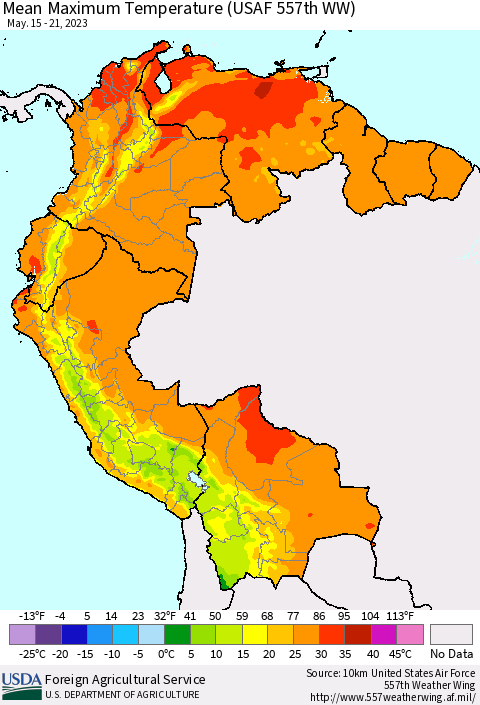 Northern South America Mean Maximum Temperature (USAF 557th WW) Thematic Map For 5/15/2023 - 5/21/2023