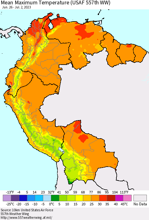 Northern South America Mean Maximum Temperature (USAF 557th WW) Thematic Map For 6/26/2023 - 7/2/2023