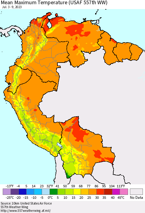 Northern South America Mean Maximum Temperature (USAF 557th WW) Thematic Map For 7/3/2023 - 7/9/2023