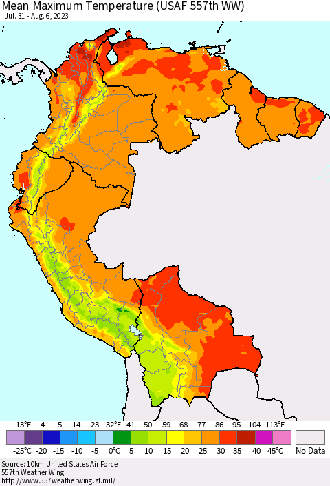 Northern South America Mean Maximum Temperature (USAF 557th WW) Thematic Map For 7/31/2023 - 8/6/2023