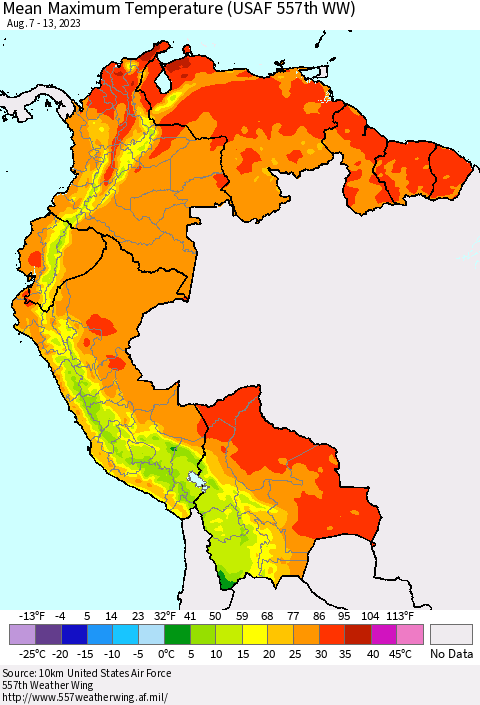 Northern South America Mean Maximum Temperature (USAF 557th WW) Thematic Map For 8/7/2023 - 8/13/2023