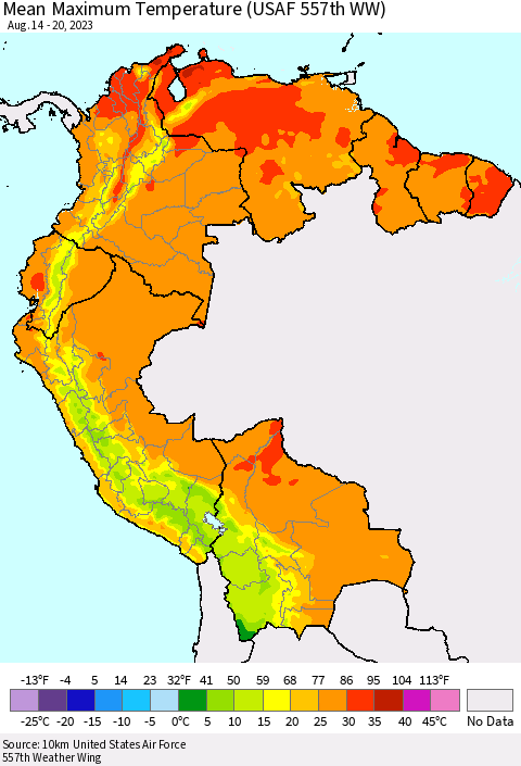 Northern South America Mean Maximum Temperature (USAF 557th WW) Thematic Map For 8/14/2023 - 8/20/2023