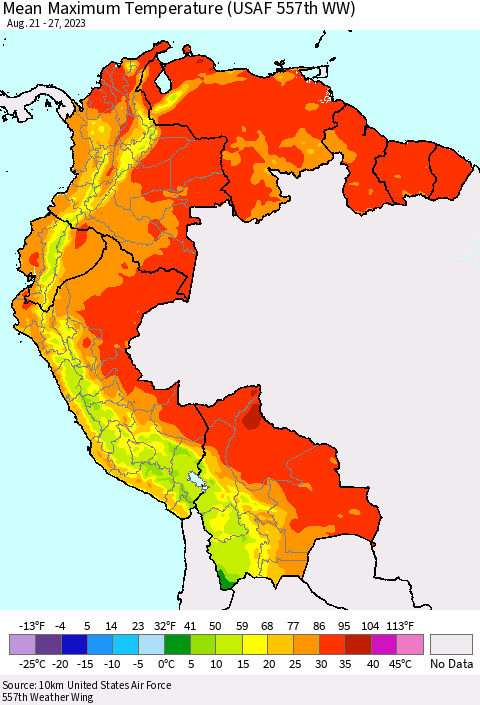 Northern South America Mean Maximum Temperature (USAF 557th WW) Thematic Map For 8/21/2023 - 8/27/2023