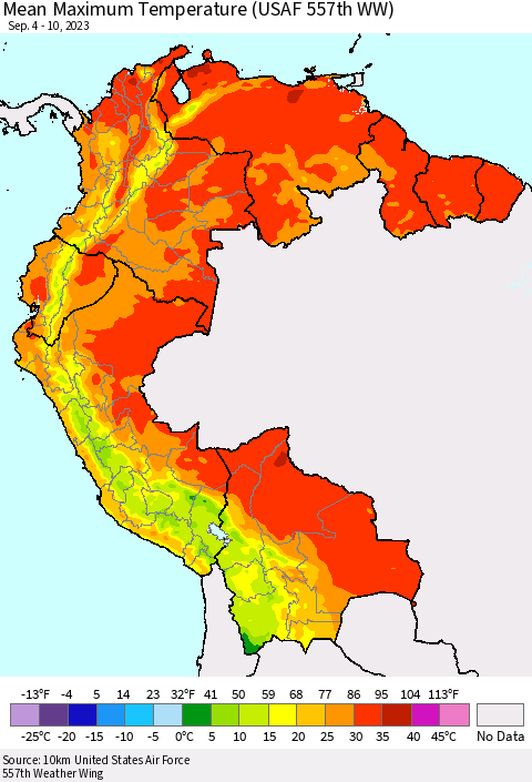 Northern South America Mean Maximum Temperature (USAF 557th WW) Thematic Map For 9/4/2023 - 9/10/2023