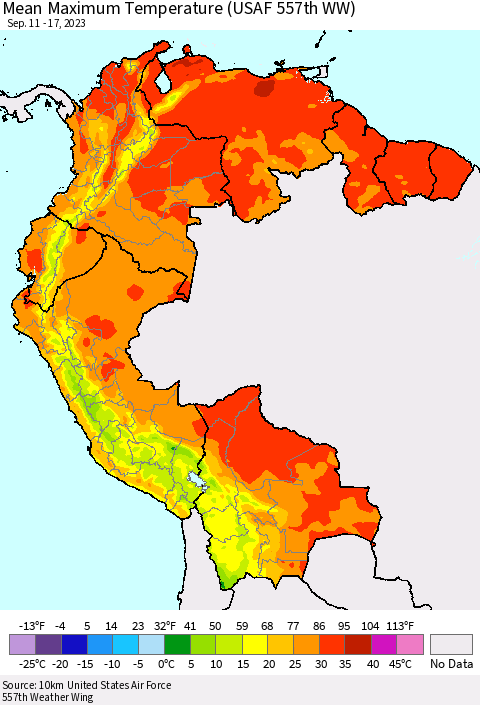 Northern South America Mean Maximum Temperature (USAF 557th WW) Thematic Map For 9/11/2023 - 9/17/2023