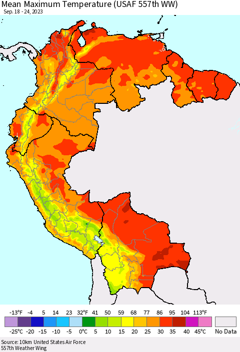 Northern South America Mean Maximum Temperature (USAF 557th WW) Thematic Map For 9/18/2023 - 9/24/2023