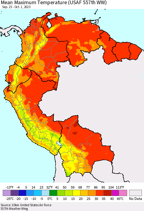 Northern South America Mean Maximum Temperature (USAF 557th WW) Thematic Map For 9/25/2023 - 10/1/2023