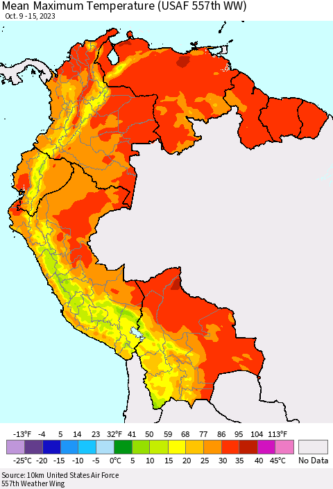 Northern South America Mean Maximum Temperature (USAF 557th WW) Thematic Map For 10/9/2023 - 10/15/2023