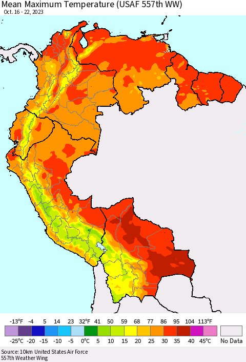 Northern South America Mean Maximum Temperature (USAF 557th WW) Thematic Map For 10/16/2023 - 10/22/2023