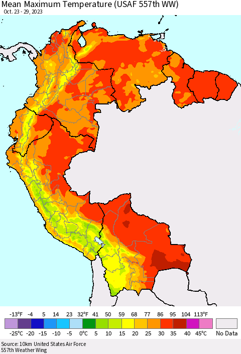 Northern South America Mean Maximum Temperature (USAF 557th WW) Thematic Map For 10/23/2023 - 10/29/2023