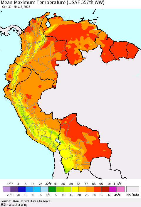 Northern South America Mean Maximum Temperature (USAF 557th WW) Thematic Map For 10/30/2023 - 11/5/2023