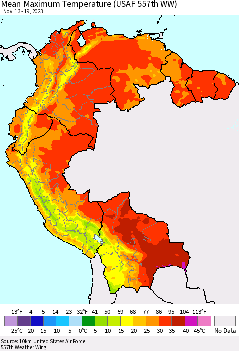 Northern South America Mean Maximum Temperature (USAF 557th WW) Thematic Map For 11/13/2023 - 11/19/2023