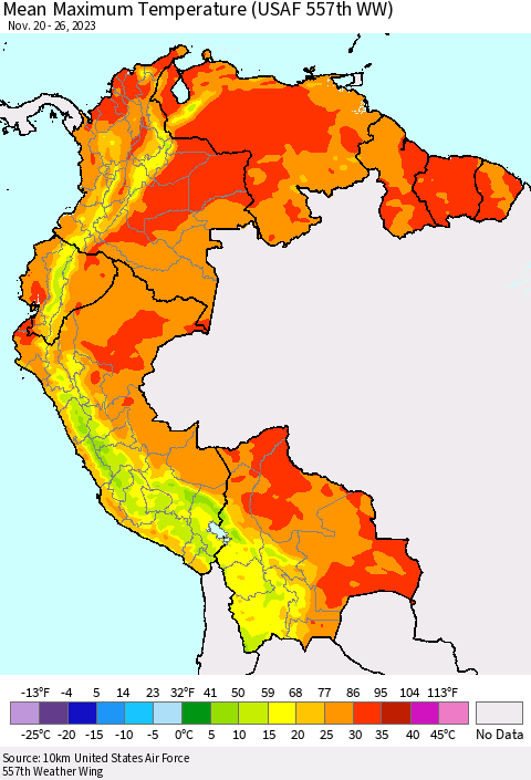 Northern South America Mean Maximum Temperature (USAF 557th WW) Thematic Map For 11/20/2023 - 11/26/2023