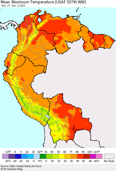 Northern South America Mean Maximum Temperature (USAF 557th WW) Thematic Map For 11/27/2023 - 12/3/2023