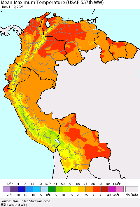 Northern South America Mean Maximum Temperature (USAF 557th WW) Thematic Map For 12/4/2023 - 12/10/2023