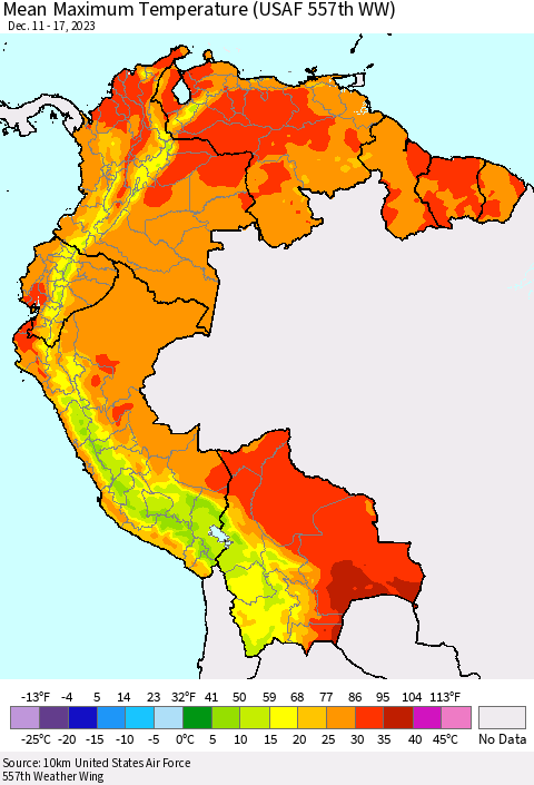 Northern South America Mean Maximum Temperature (USAF 557th WW) Thematic Map For 12/11/2023 - 12/17/2023