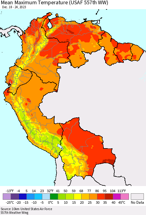 Northern South America Mean Maximum Temperature (USAF 557th WW) Thematic Map For 12/18/2023 - 12/24/2023