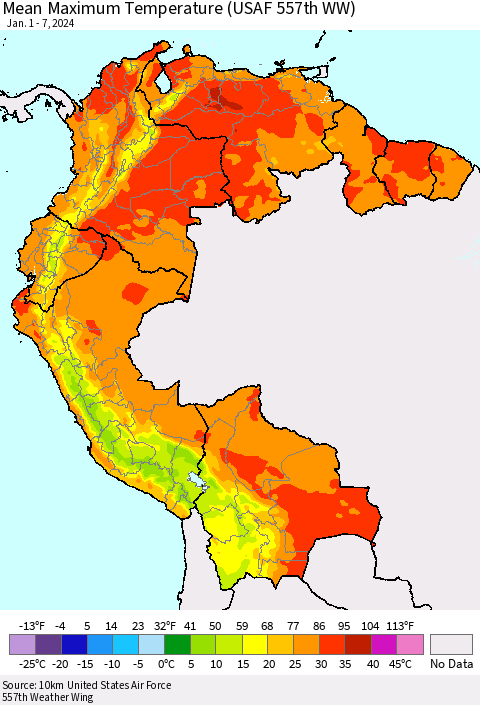 Northern South America Mean Maximum Temperature (USAF 557th WW) Thematic Map For 1/1/2024 - 1/7/2024