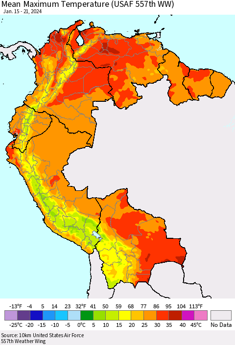 Northern South America Mean Maximum Temperature (USAF 557th WW) Thematic Map For 1/15/2024 - 1/21/2024